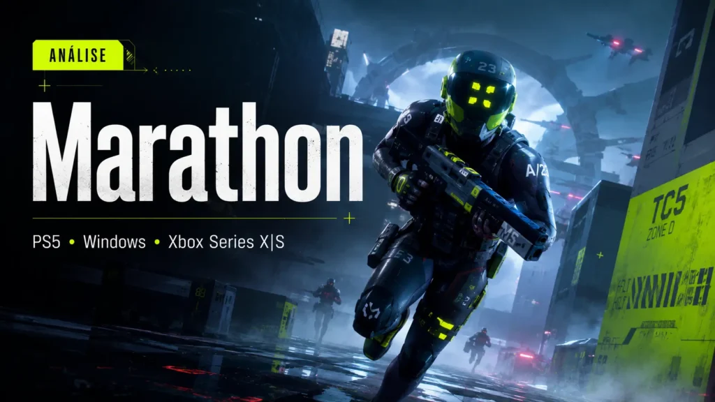 Capa da análise de Marathon com personagem futurista armado em cenário sci-fi para PS5, Windows e Xbox Series X/S