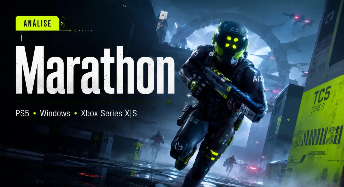 Capa da análise de Marathon com personagem futurista armado em cenário sci-fi para PS5, Windows e Xbox Series X/S