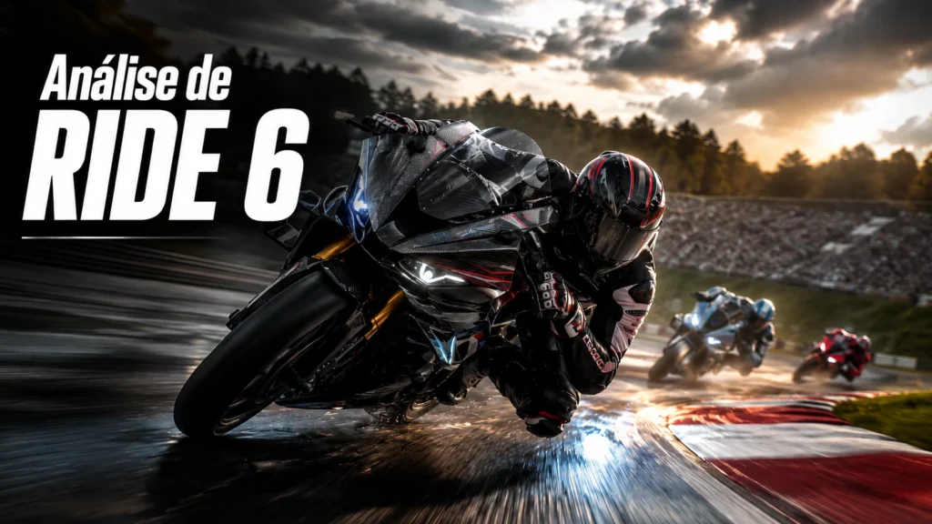 Capa da análise de RIDE 6 com motociclista em alta velocidade em pista molhada e o texto Análise de RIDE 6