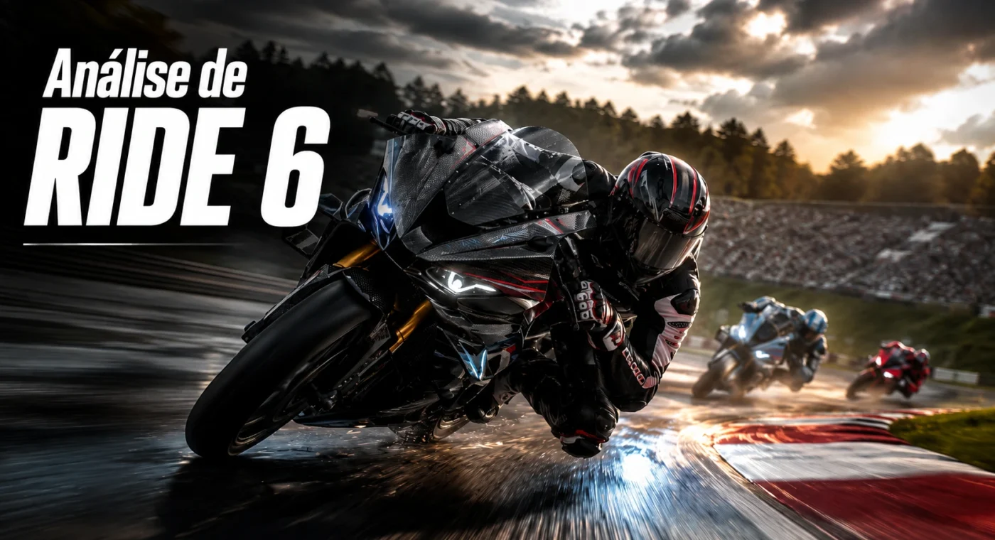 Capa da análise de RIDE 6 com motociclista em alta velocidade em pista molhada e o texto Análise de RIDE 6