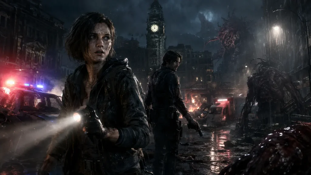 Resident Evil Requiem review cover featuring two survivors in a dark ruined city with monstrous creatures in the background
