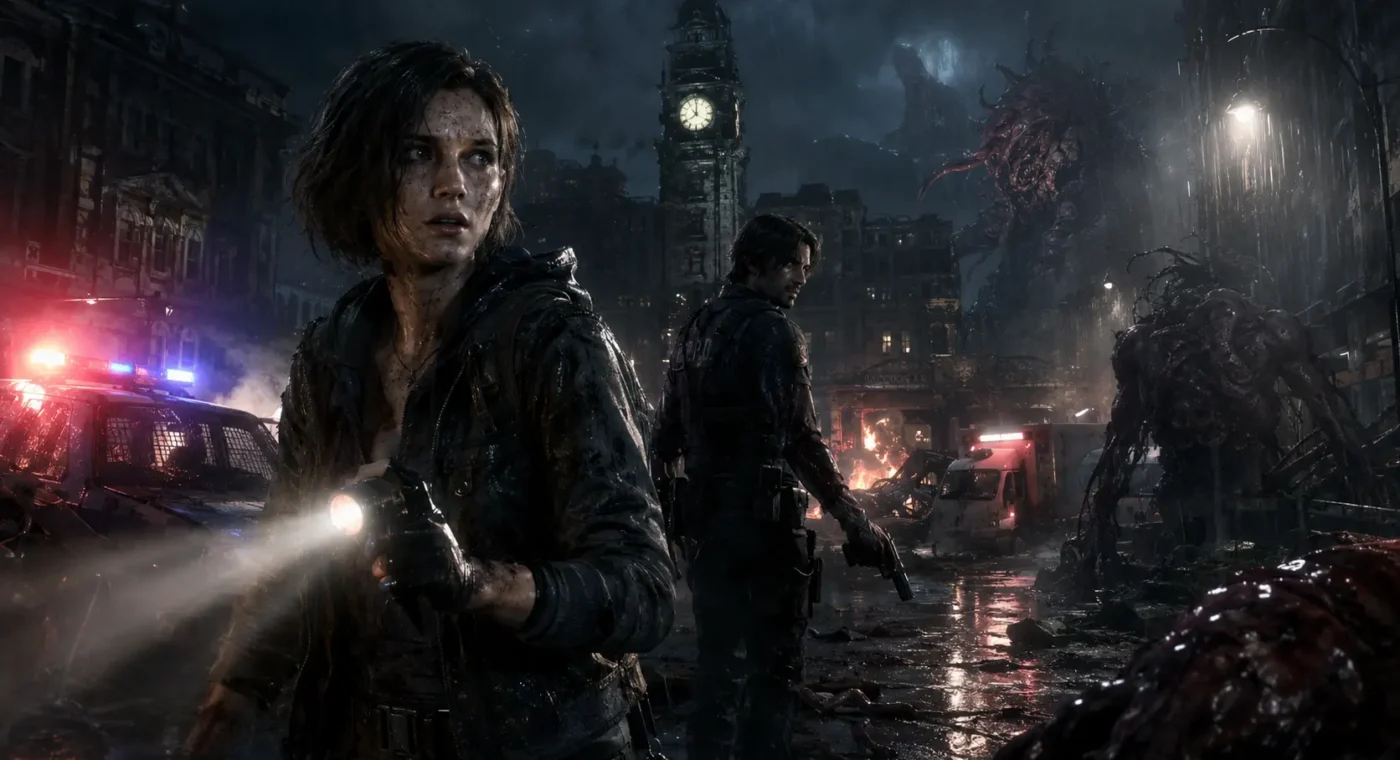 Resident Evil Requiem review cover featuring two survivors in a dark ruined city with monstrous creatures in the background